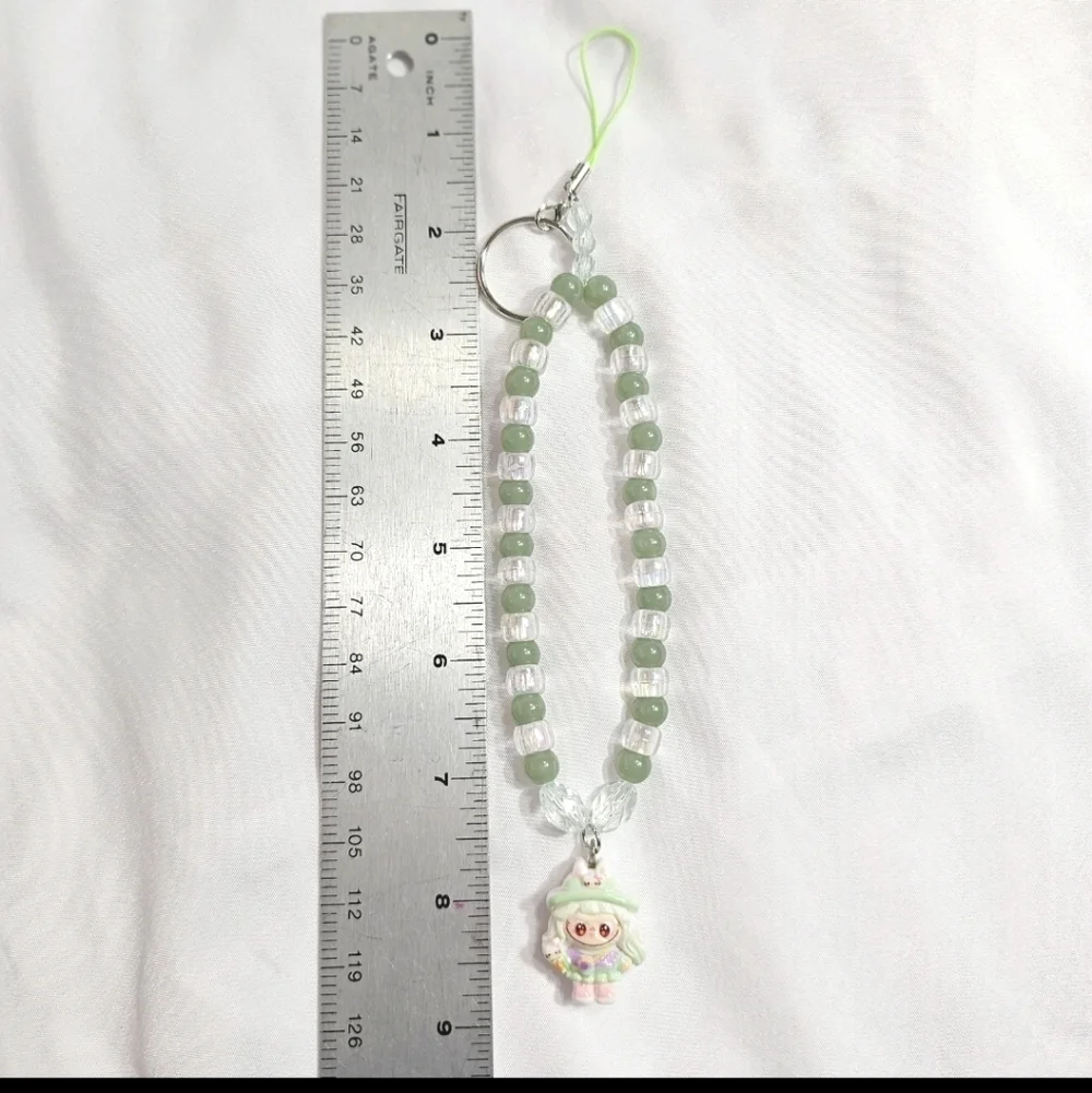 Cute Pastel Green Girly Dainty Elegant Beaded Labubu Phone Charm or Wrist Strap